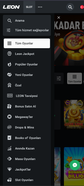 leon casino mobile app menu